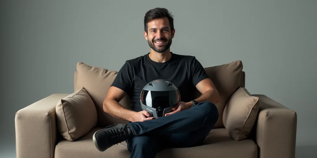 a man sitting on a couch with a helmet on his lap and a smile on his face, with a gray background, A