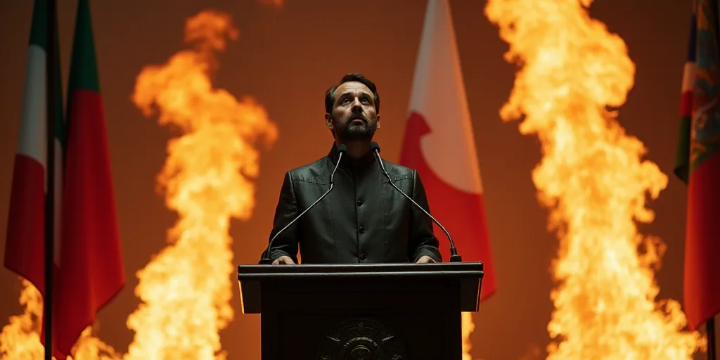 a man standing at a podium with a microphone in front of flags and a fire in the air behind him, Flo