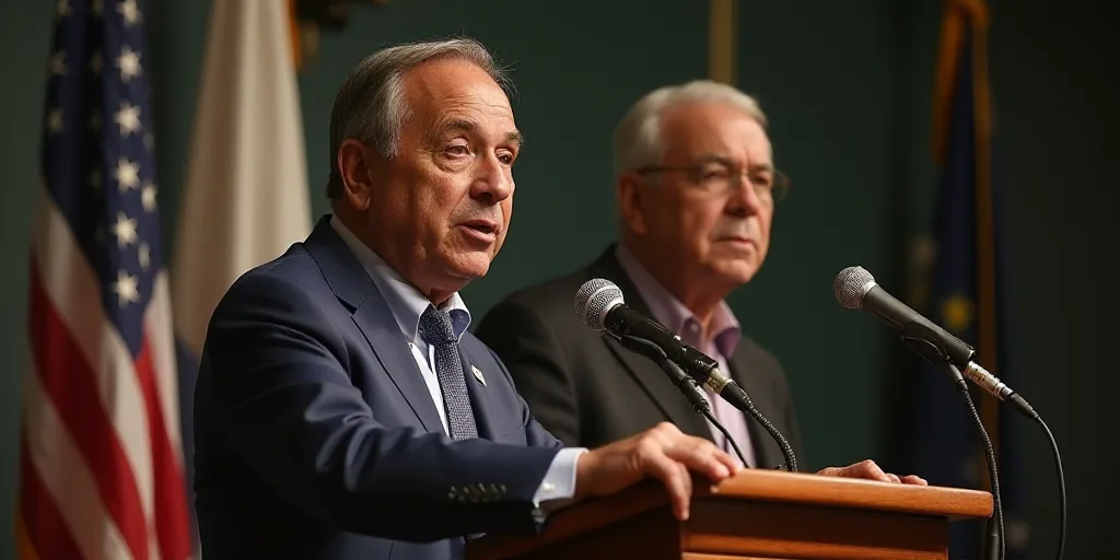 a man standing at a podium with a microphone in front of him and another man behind him behind him,