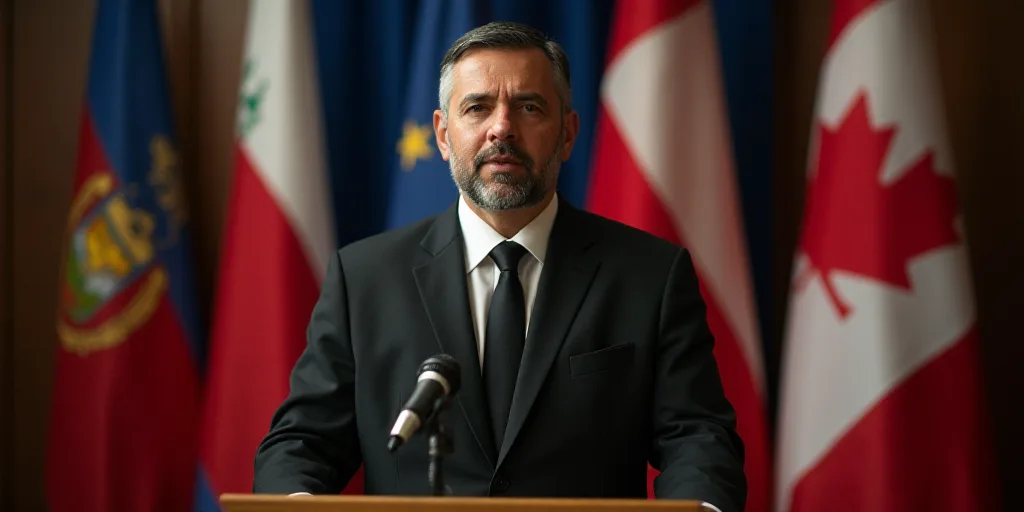 a man standing at a podium with a microphone in front of flags and a microphone in the background wi