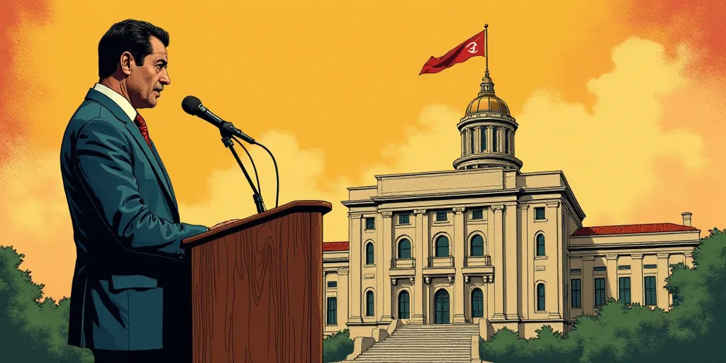 a man standing at a podium with a microphone in his hand and a building in the background with a fla