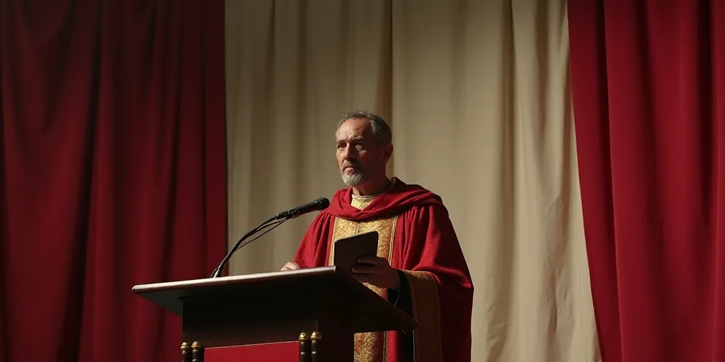 a man standing at a podium with a tablet in his hand and a red and white banner in front of him, Dio