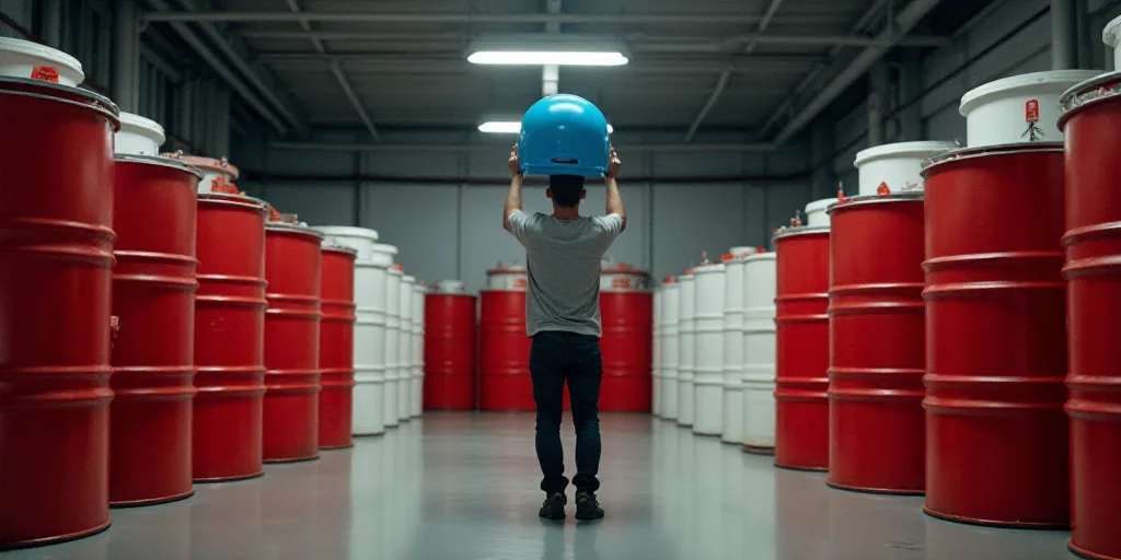 a man standing in a large room filled with red and white barrels with a blue helmet on top of them,