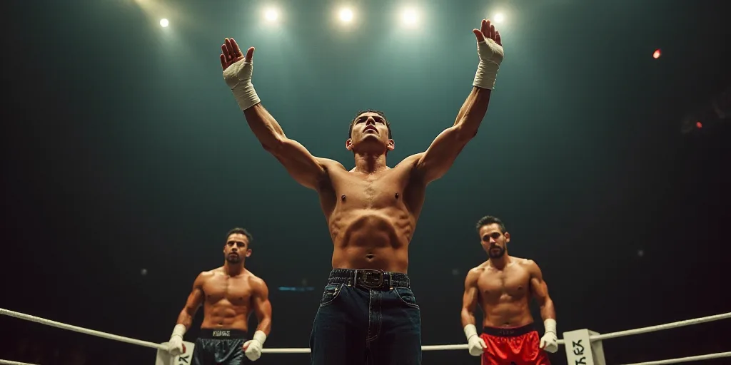 a man standing in a ring holding his hands up in the air with two other men standing behind him, Edd
