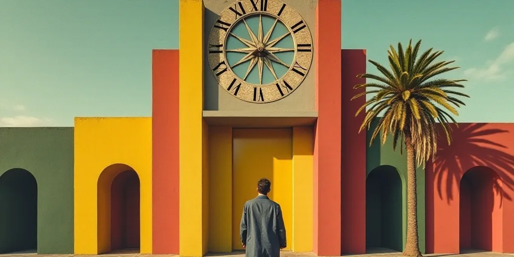 a man standing in front of a building with a clock on it's face and a palm tree in front of him, Dav