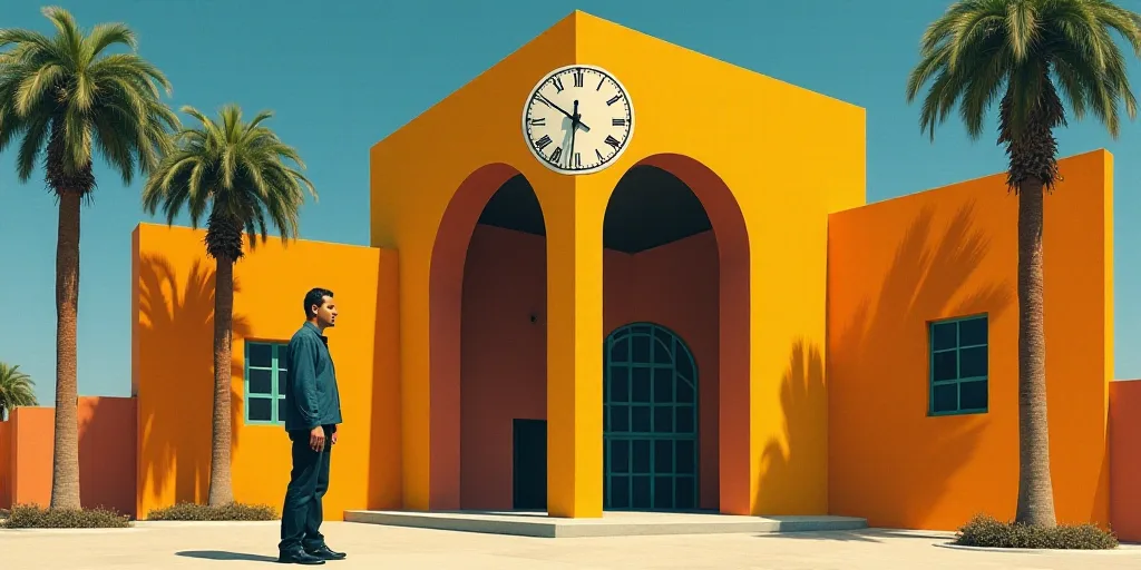 a man standing in front of a building with a clock on it's face and a palm tree in front of him, Dav