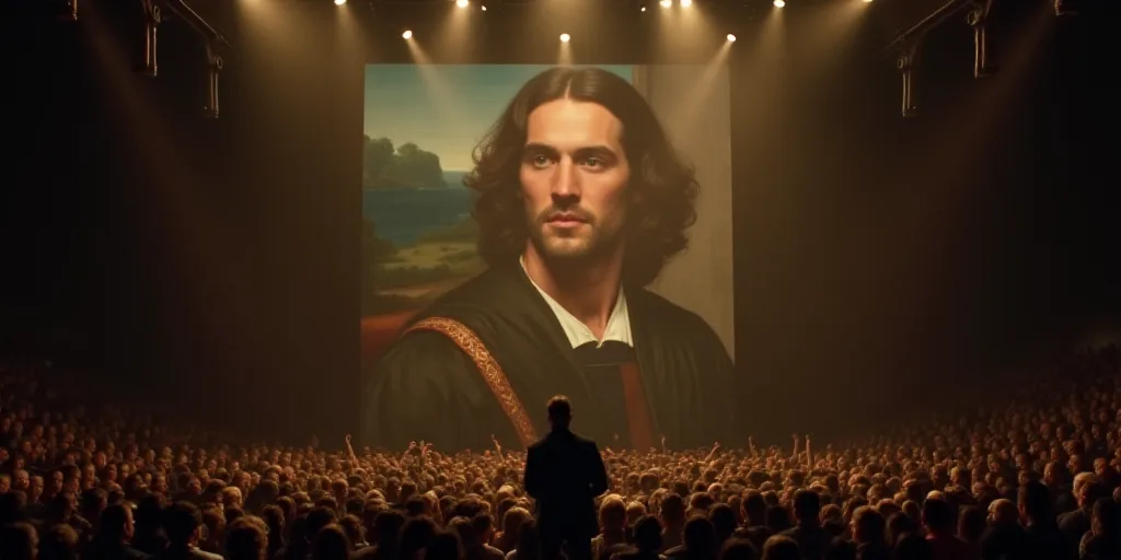 a man standing in front of a crowd of people on a stage with a picture of a man on the wall, Diego V