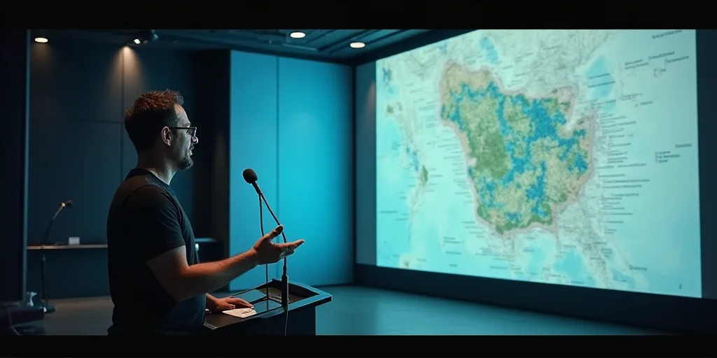 a man standing in front of a large screen with a map on it's side and a microphone in front of him,