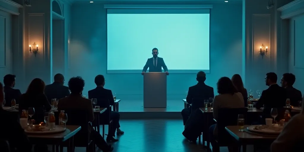 a man standing in front of a podium in a room filled with people sitting at tables and a screen, Ant