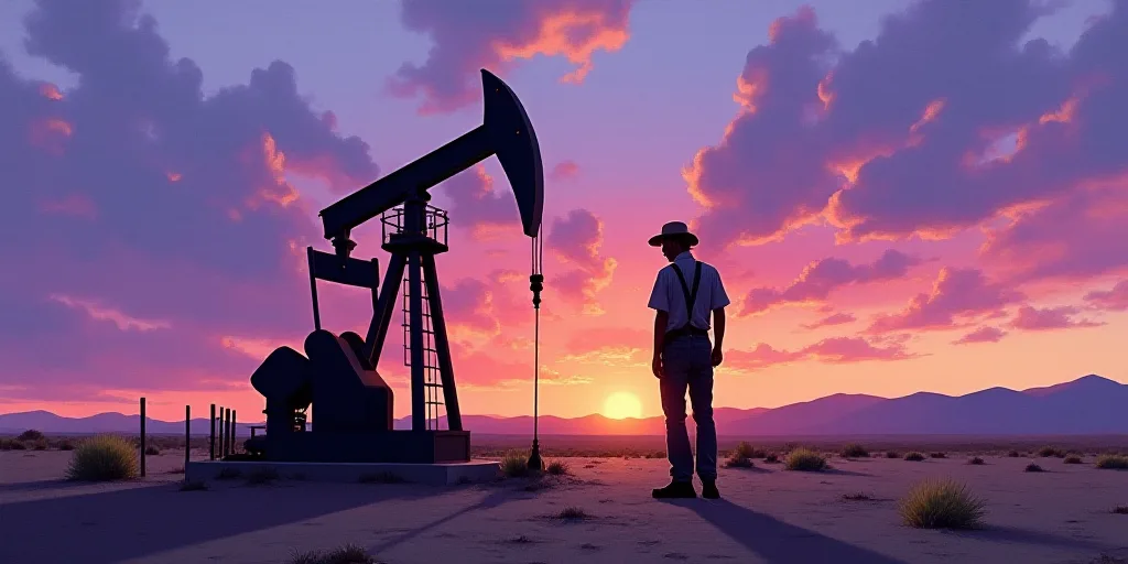 a man standing next to a pump in the desert at sunset with a purple sky behind him and a purple and