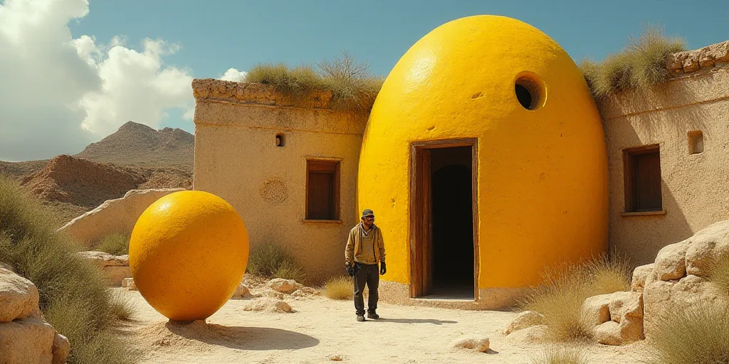 a man standing next to a yellow object in front of a building with a flowered roof and a yellow obje