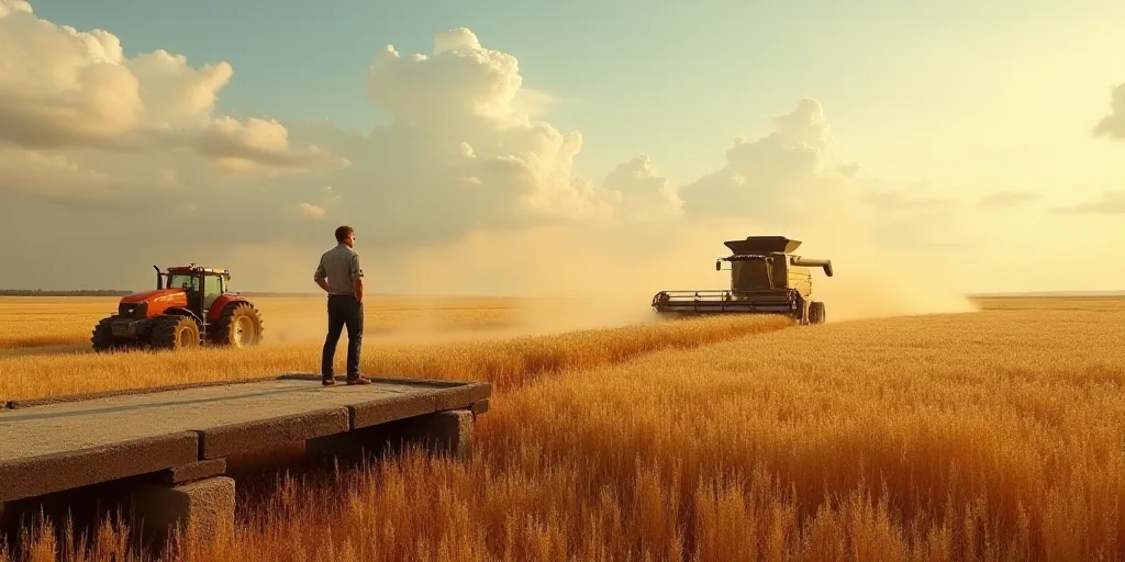 a man standing on a bridge over a field of grain next to a tractor and a combine truck in the distan
