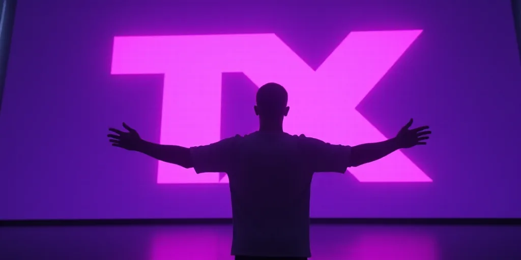 a man standing on a stage with his arms outstretched in front of a purple background with a roblox l