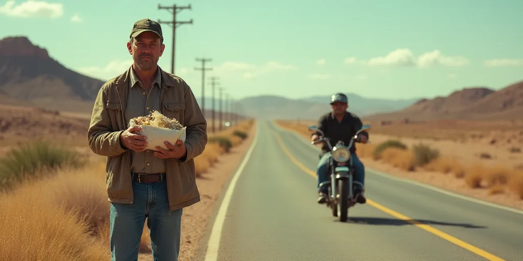 a man standing on the side of a road holding a bag of food in his hands and a motorcycle in the back