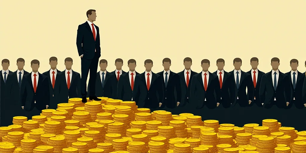 a man standing on top of a pile of gold coins next to a pile of black suits and ties, Anthony Devas,