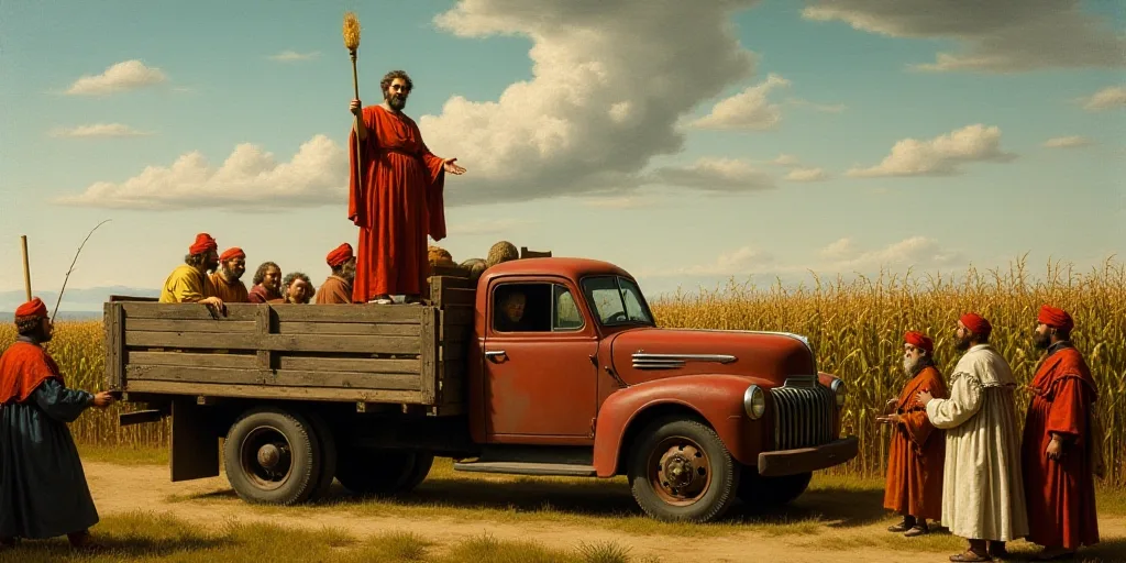 a man standing on top of a truck surrounded by people in costume and in front of a cornfield, Anthon