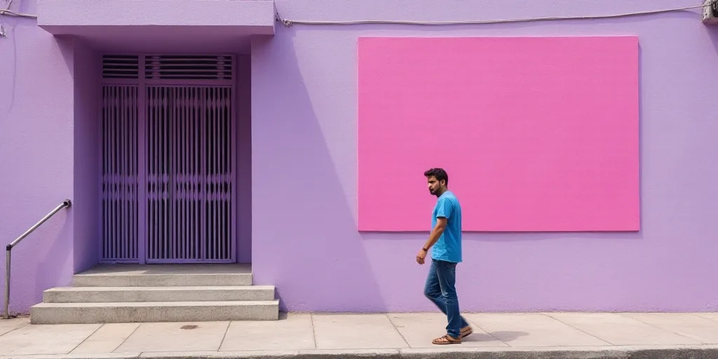 a man walking in front of a building with a pink sign on it's side and a man in a blue shirt and jea