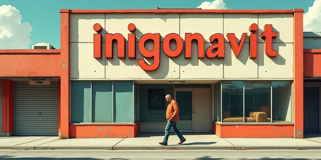 a man walking past a building with a sign on it's side that says inigonavit, Enguerrand Quarton, and