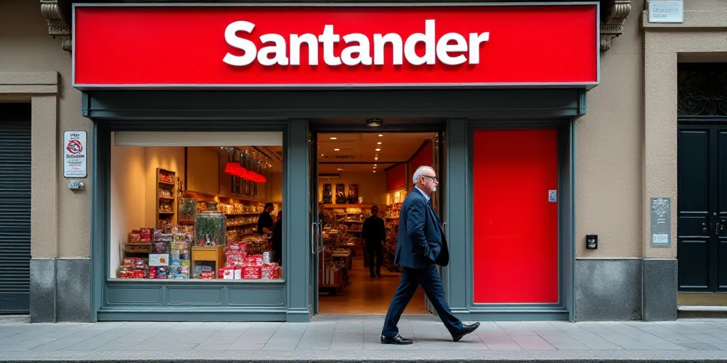 a man walking past a store front with a red sign on it's side and a red and white sign that says san