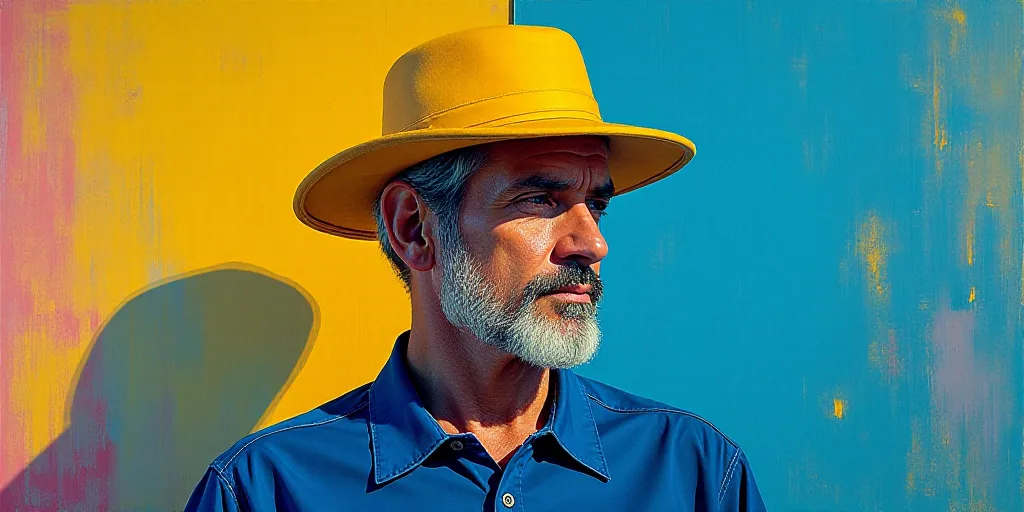 a man wearing a blue shirt with a yellow hat on his head and a yellow cap on his head, Carlos Trillo