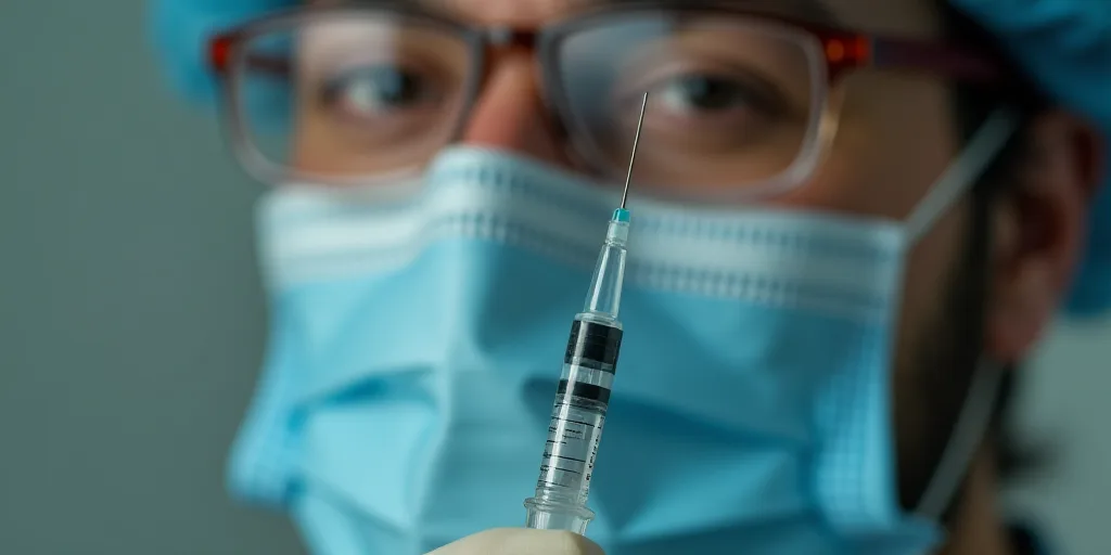 a man wearing a face mask holding a small syringe in his hand and a face mask on, Epsylon Point, pro