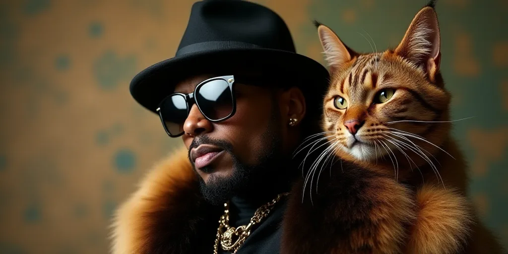 a man wearing a hat and sunglasses with a fur coat on his shoulders and a cat hat on his head, Altic