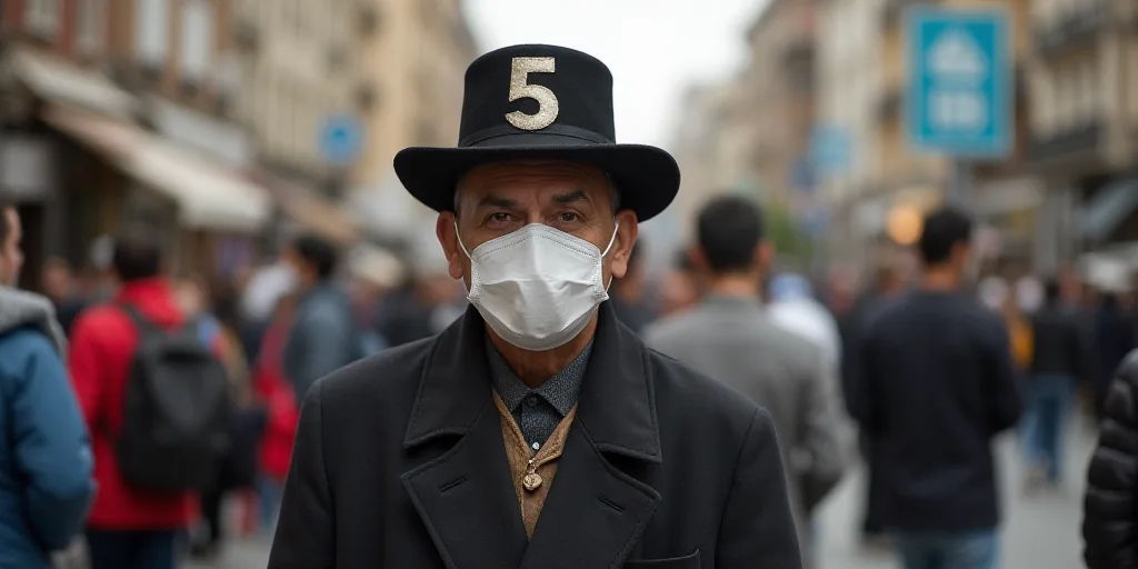 a man wearing a mask and a hat with a number on it and people standing around him in the background,