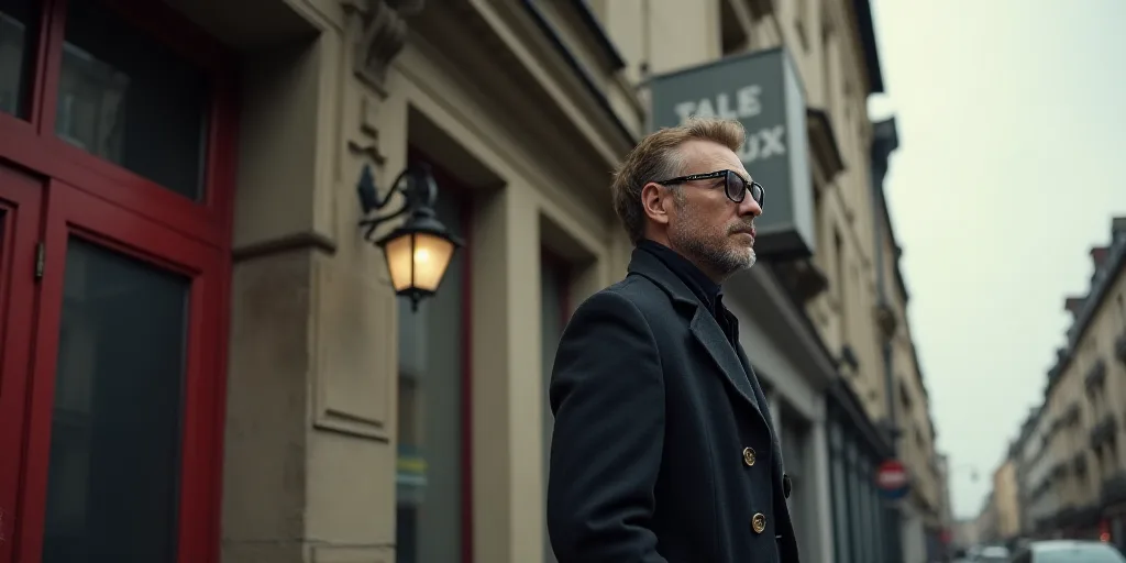 a man wearing glasses and a coat looks off into the distance while standing in front of a building w