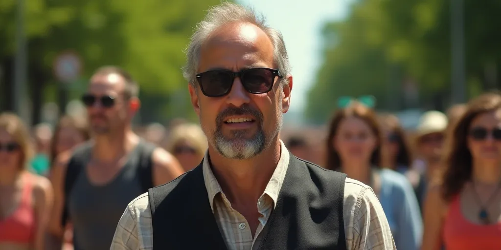 a man wearing sunglasses and a vest walking in a crowd of people in the background with trees in the