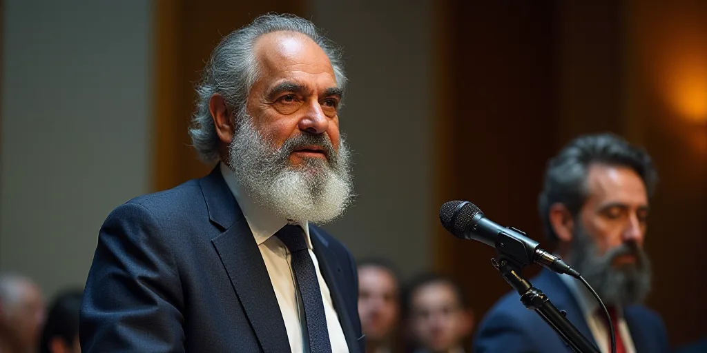a man with a beard and a suit giving a speech with a microphone in front of him and a microphone in
