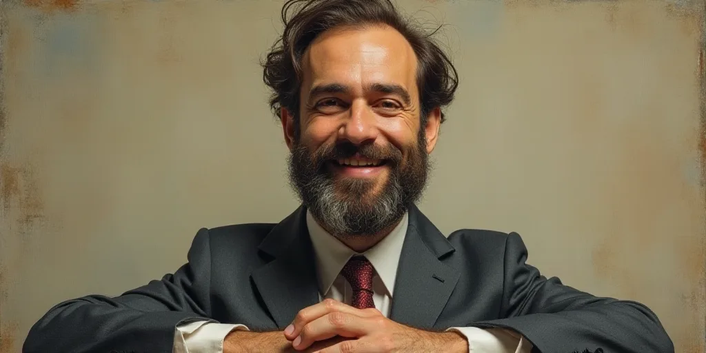 a man with a beard and a tie is smiling for the camera with his hands folded in front of him, Edward