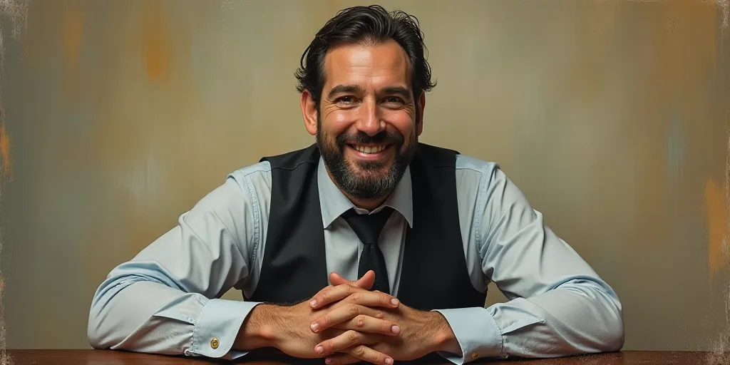 a man with a beard and a tie is smiling for the camera with his hands folded in front of him, Edward