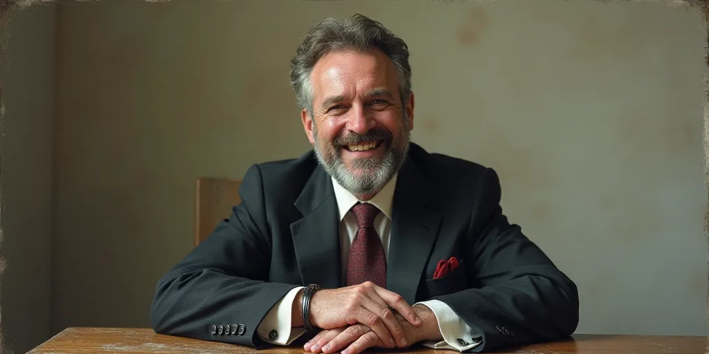 a man with a beard and a tie is smiling for the camera with his hands folded in front of him, Edward