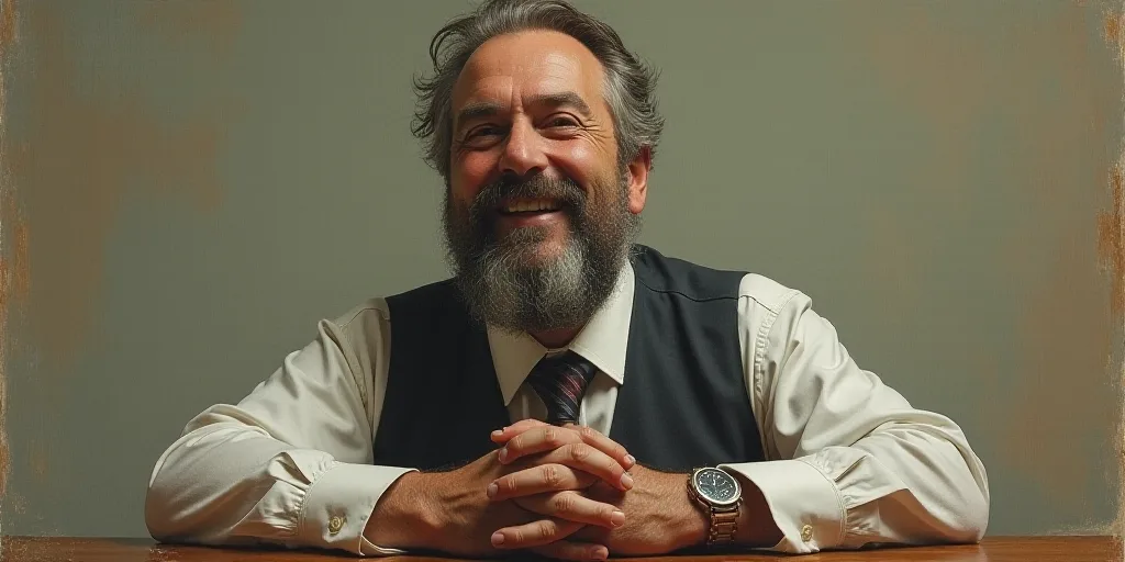 a man with a beard and a tie is smiling for the camera with his hands folded in front of him, Edward