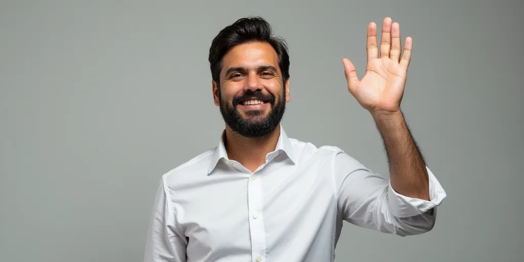 a man with a beard and a white shirt is waving his hand up in the air with his right hand, Estuardo