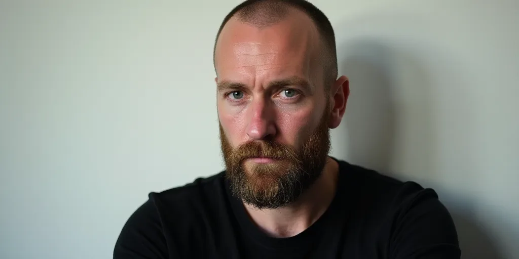 a man with a beard and black shirt looking at the camera with a serious look on his face and a white