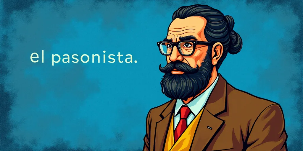 a man with a beard and glasses standing in front of a blue background with the words, el pasonista,