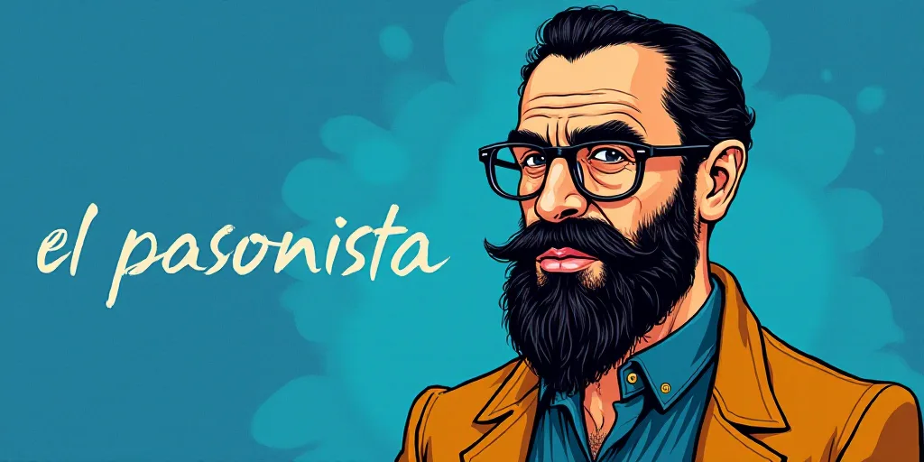 a man with a beard and glasses standing in front of a blue background with the words, el pasonista,