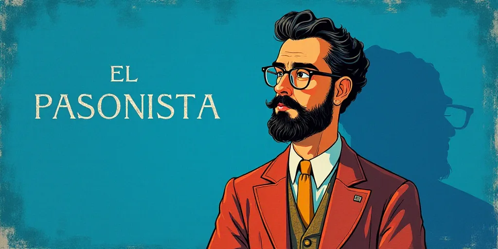 a man with a beard and glasses standing in front of a blue background with the words, el pasonista,