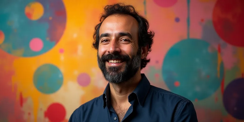 a man with a beard and mustache smiling for a picture in front of a colorful background with circles
