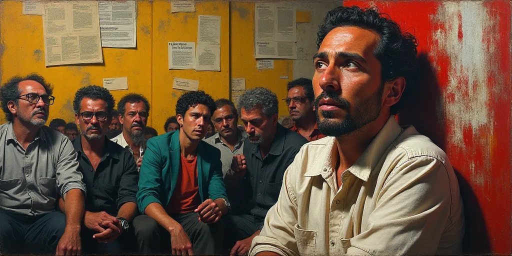 a man with a concerned look on his face sitting in front of a group of people with information on th