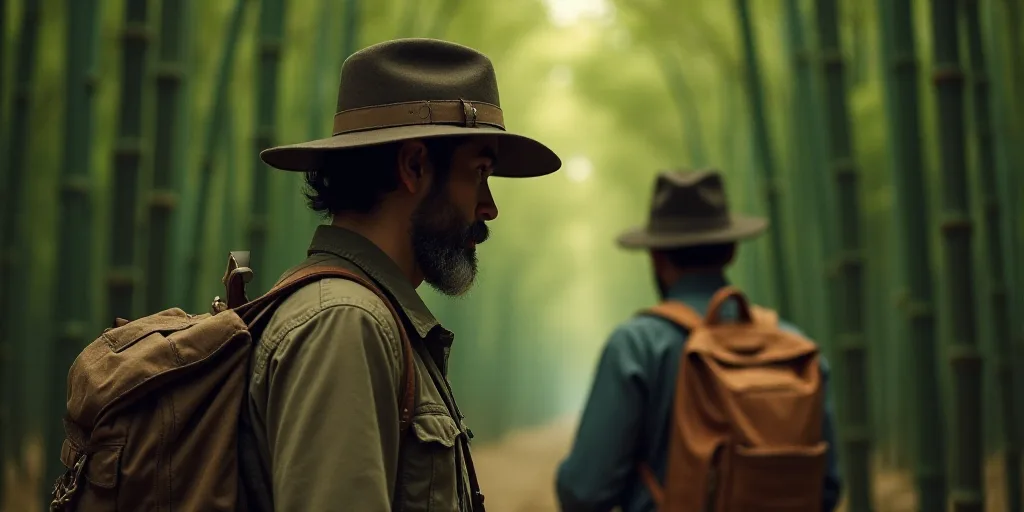 a man with a hat on his head and another man with a backpack on his back in front of a bamboo forest