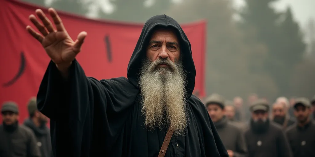 a man with a long beard and a black robe waving at the camera with his hand up in front of a large b