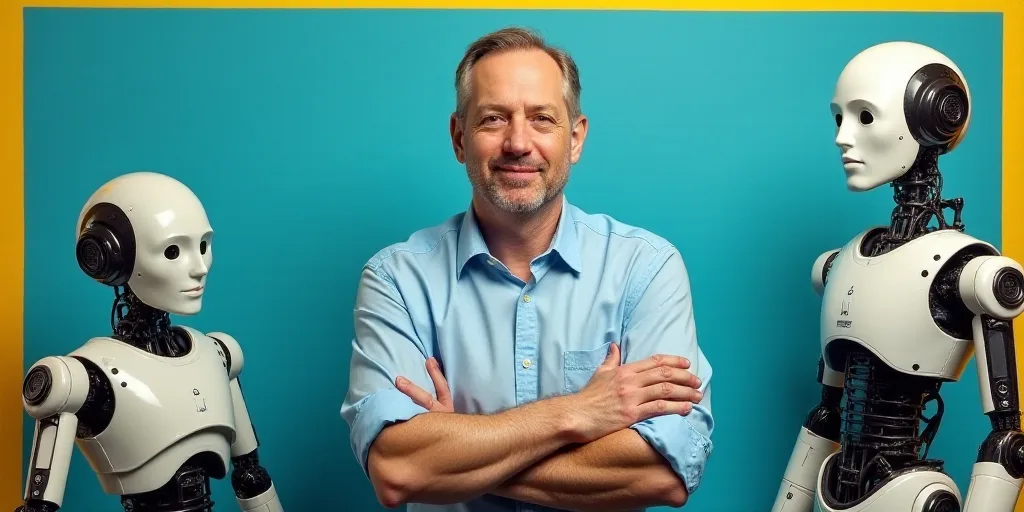 a man with his arms crossed in front of a blue background with a yellow border and a black and white