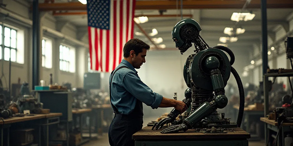 a man working on a machine in a factory with an american flag hanging from the ceiling behind him an