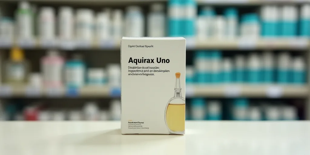 a medicine box sitting on a table in a store aisle with a shelf of medicine bottles in the backgroun