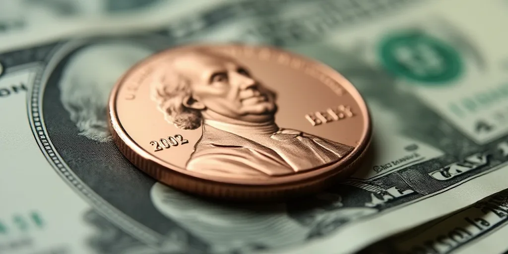 a one dollar bill with a penny on top of it, with the image of george washington on it, Benjamin Fra