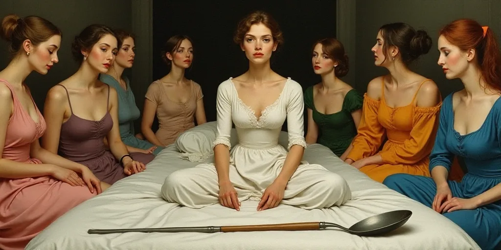 a painting of a woman sitting on a bed with a large utensil in front of her and a group of women aro