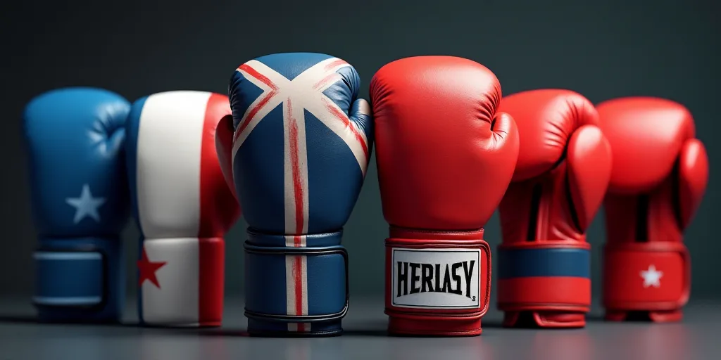 a pair of boxing gloves with flags on them are shown in a row of different colors and sizes,, Anthon