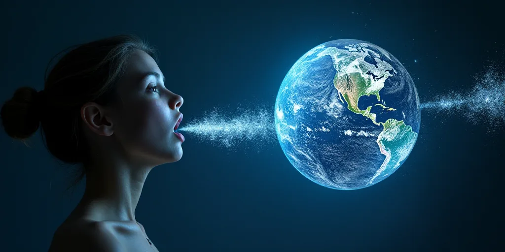 a person blowing a bubble with a world in it's mouth and a sound wave coming out of it, Art & Langua